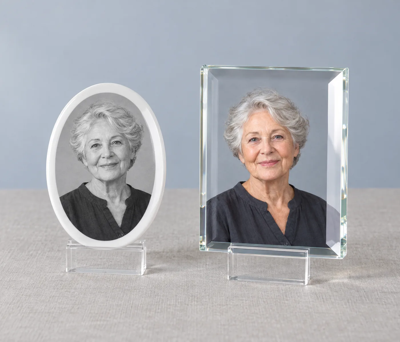 Owalna porcelana z białym marginesem i fazowany kryształ z przykładowym portretem